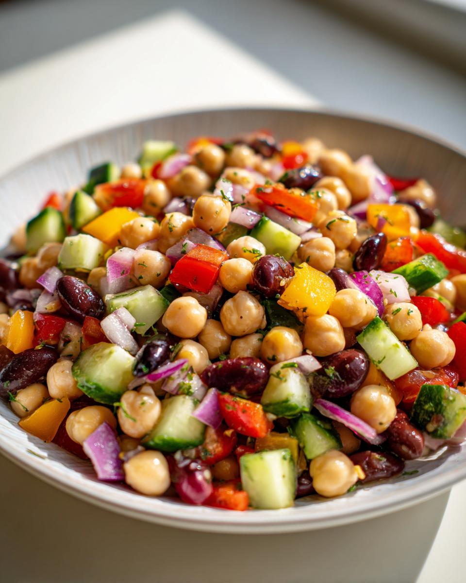 Close-up of a colorful bowl filled with chickpea and kidney bean salad mixed with cucumber, red onion, and bell peppers.