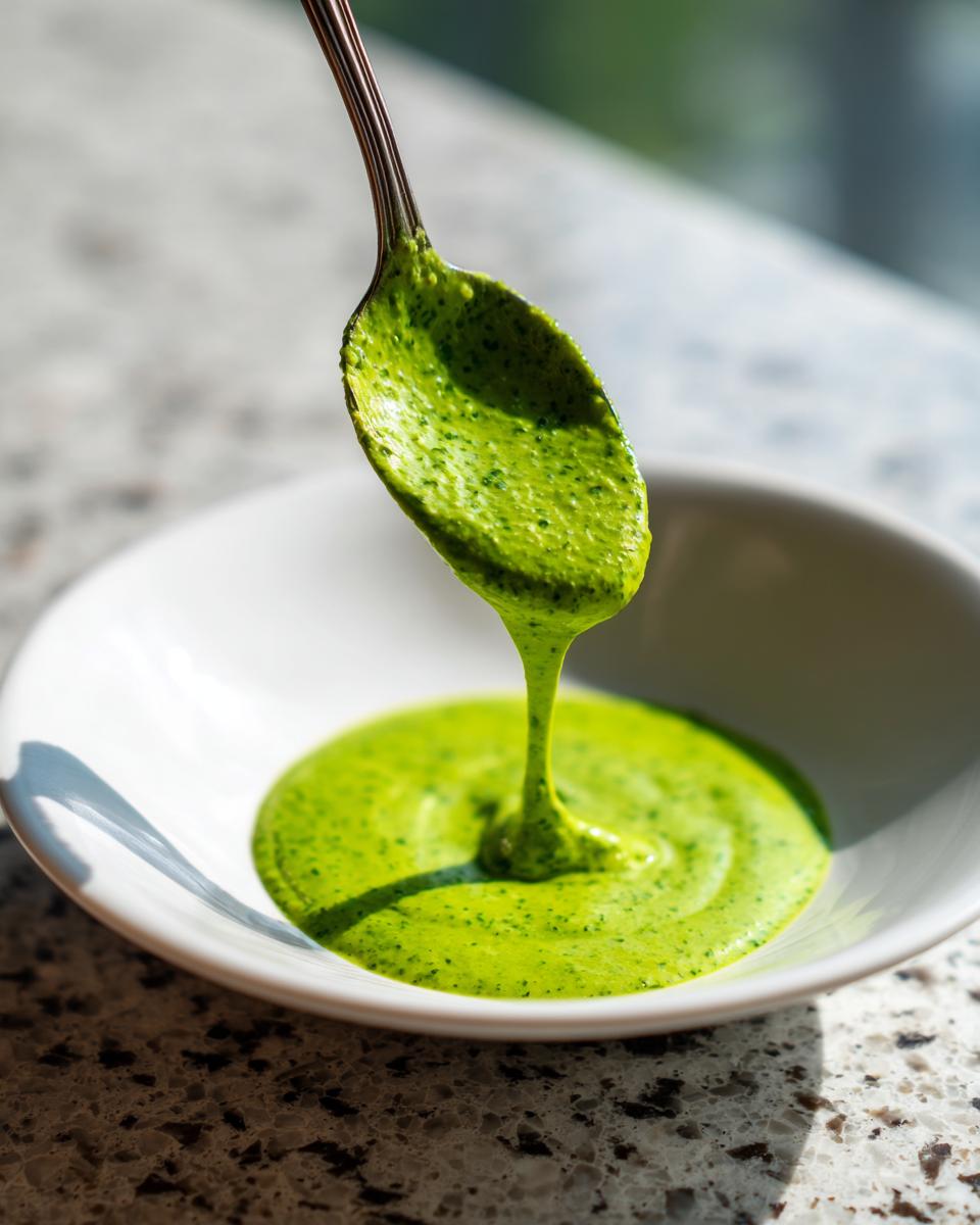 A spoonful of bright green, creamy cilantro lime sauce is dripping back into a small white bowl.