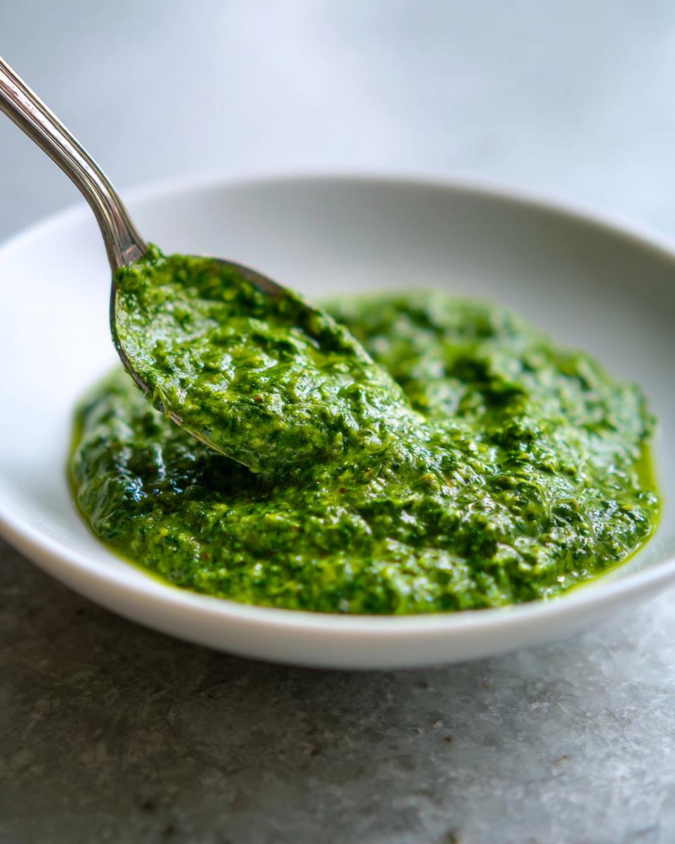 A spoonful of bright green, textured cilantro lime sauce being lifted from a small white bowl.