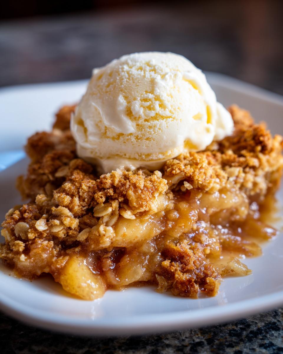 Close-up of a warm slice of apple crisp recipe topped with a scoop of melting vanilla ice cream.