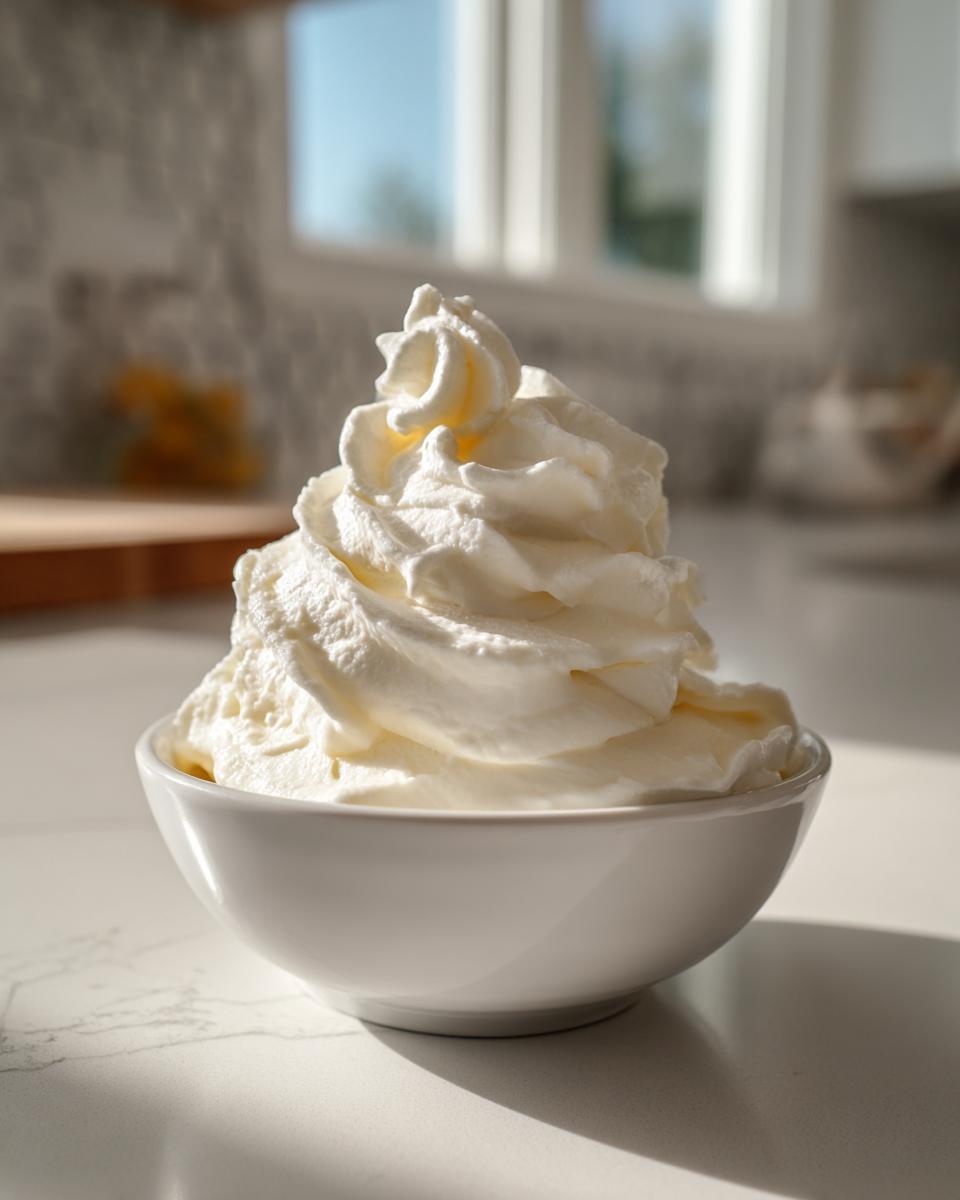 A white bowl filled with creamy, soft-serve style banana ice cream topped with a swirl of whipped cream.