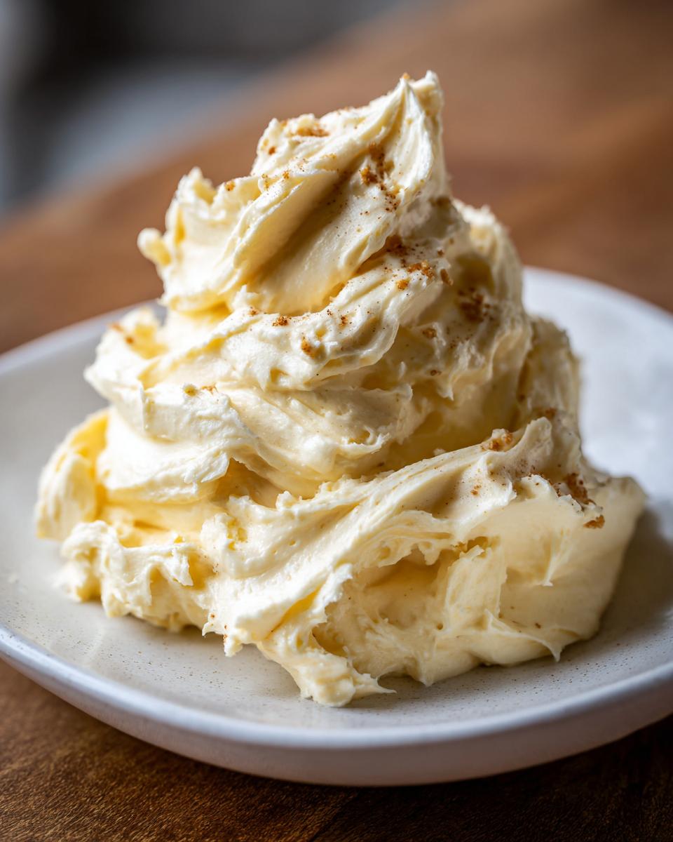 A mound of fluffy, whipped cinnamon butter sprinkled with ground cinnamon on a small white plate.