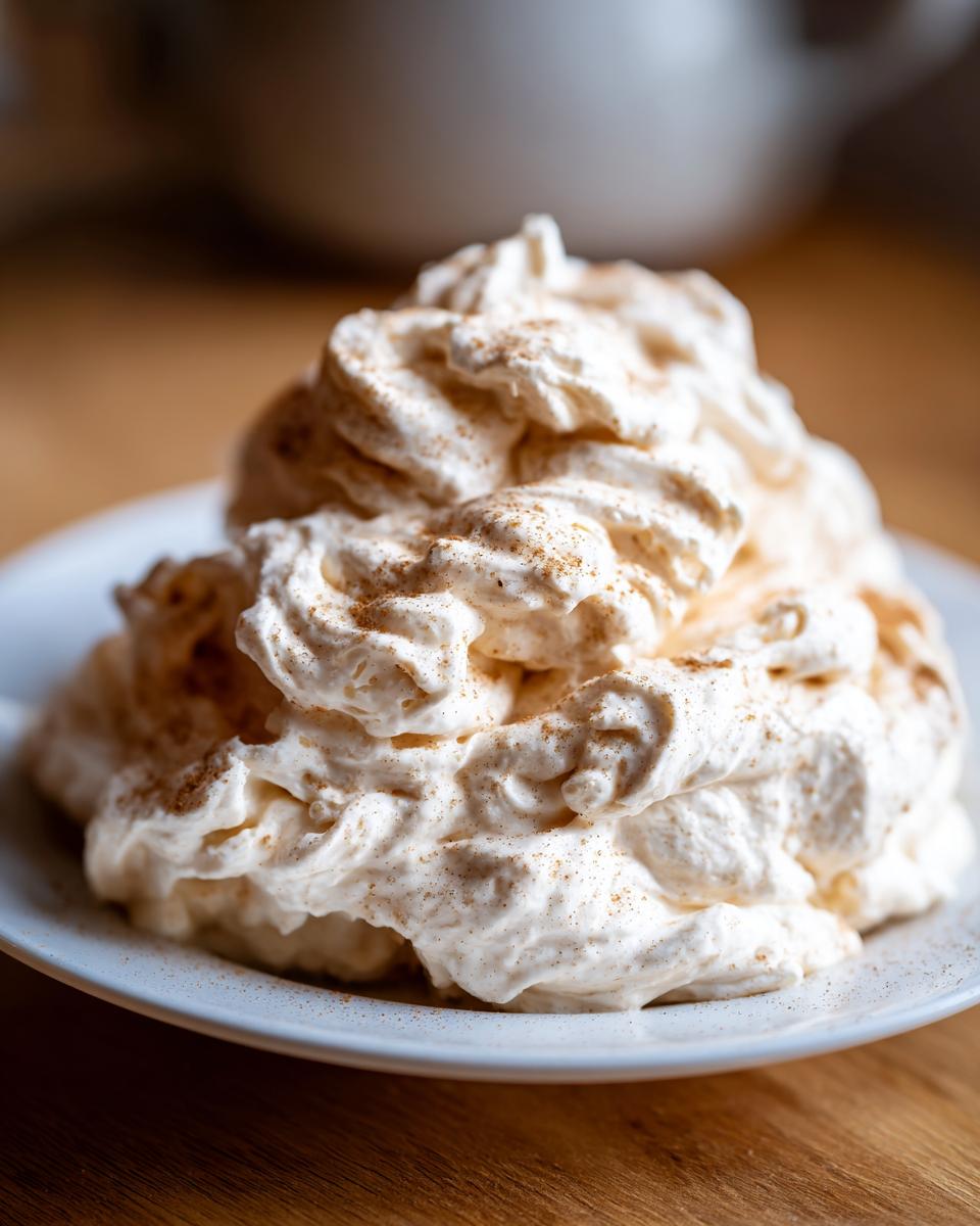 A large dollop of fluffy, whipped cinnamon butter sprinkled with ground cinnamon on a white plate.