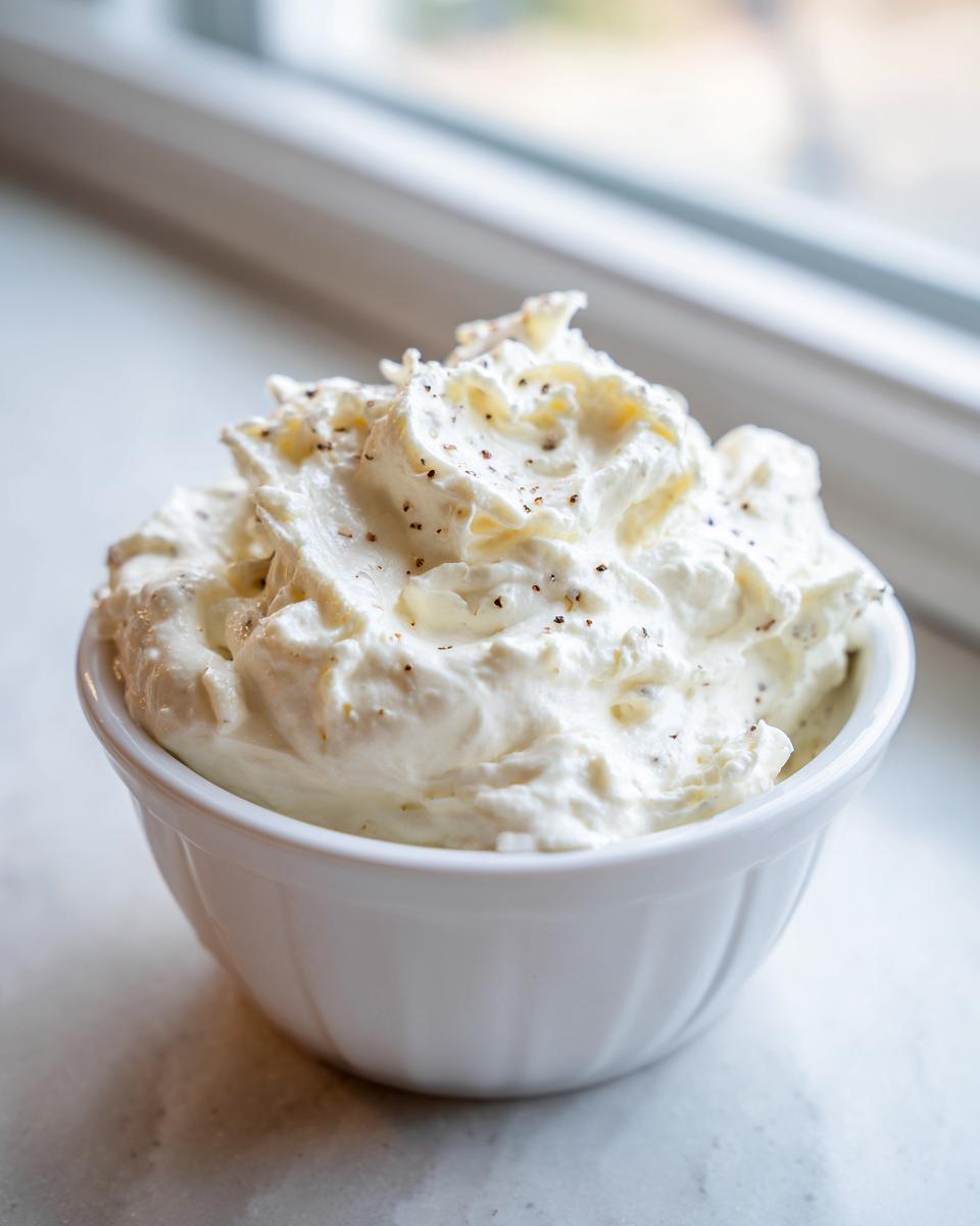 A close-up of fluffy, whipped horseradish sauce for prime rib, speckled with pepper, served in a small white ramekin.