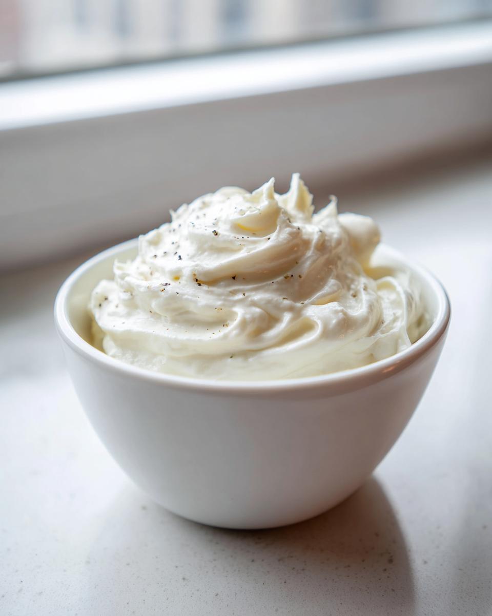 A close-up of freshly whipped horseradish sauce for prime rib, served in a small white bowl and lightly sprinkled with pepper.