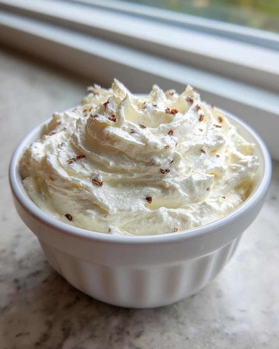 A white ramekin filled with fluffy, whipped horseradish sauce for prime rib, garnished with specks of brown spice.