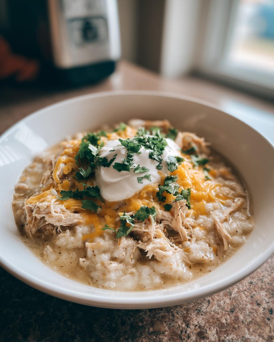 A close-up of a white bowl filled with creamy chicken chili, topped with shredded cheese, sour cream, and cilantro.