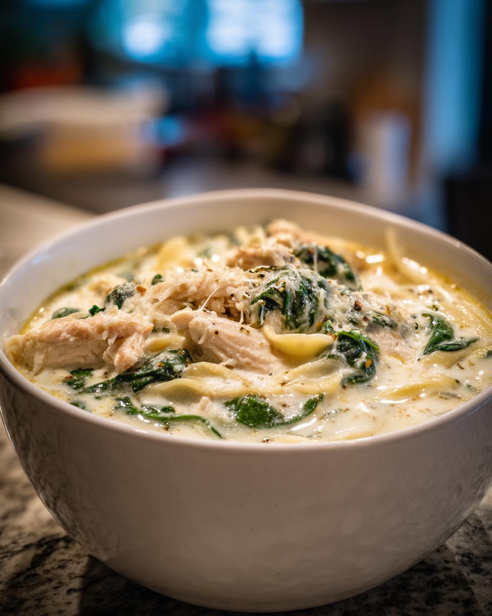 Close-up of a hearty bowl of white chicken lasagna soup featuring shredded chicken, spinach, and pasta in a creamy broth.