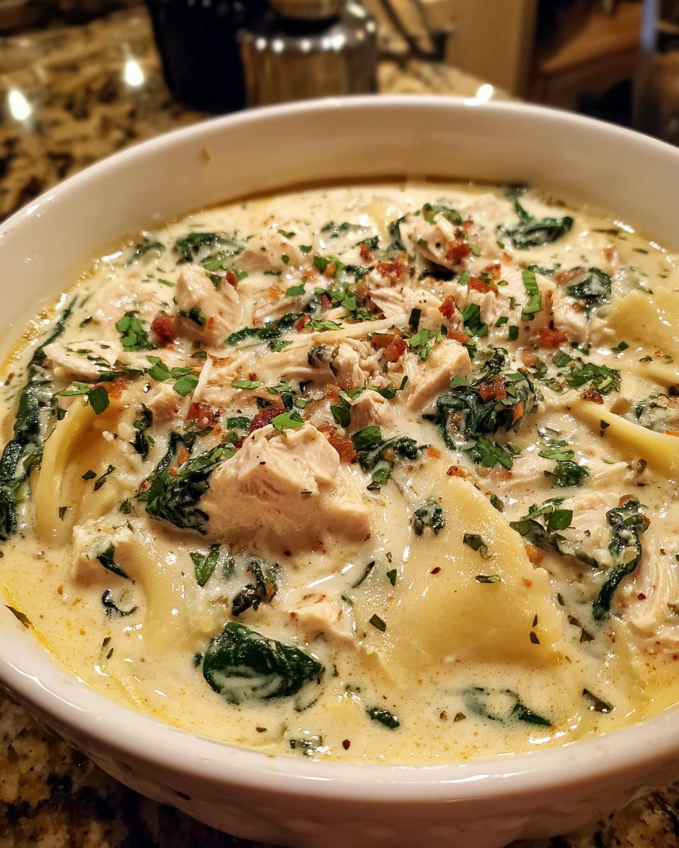 Close-up of a bowl of rich white chicken lasagna soup with chunks of chicken, spinach, and pasta.