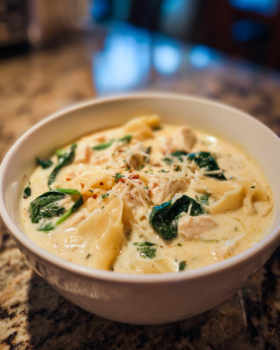 A close-up of a bowl of creamy white chicken lasagna soup featuring pasta, chicken chunks, spinach, and grated cheese.