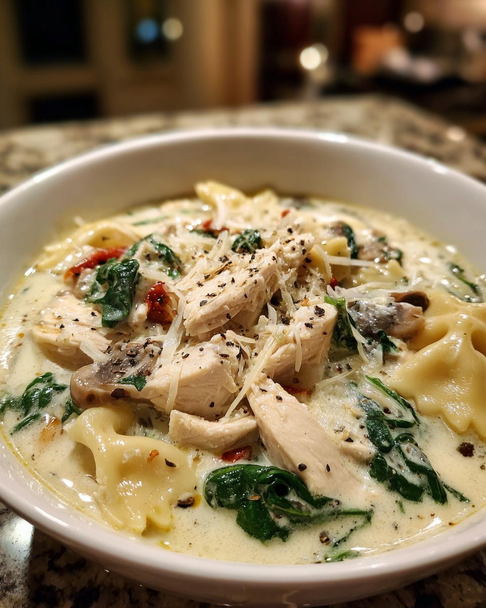 Close-up of a hearty bowl of white chicken lasagna soup with chicken, spinach, and farfalle pasta.