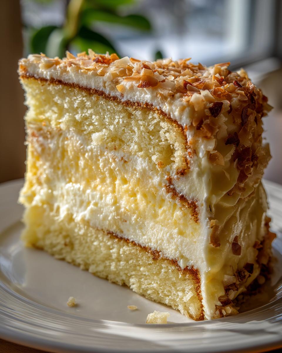 Close-up of a moist slice of white German chocolate cake showing layers of yellow cake and cream filling, topped with toasted coconut.