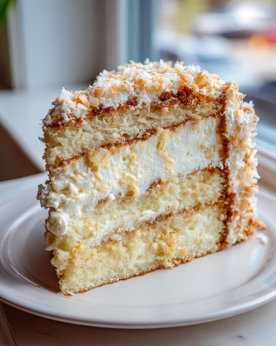 Close-up of a moist slice of white German chocolate cake showing layers of white cake, creamy filling, and toasted coconut.