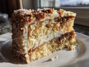 Close-up of a moist slice of white German chocolate cake showing layers of light cake, white frosting, and pecan-coconut filling.