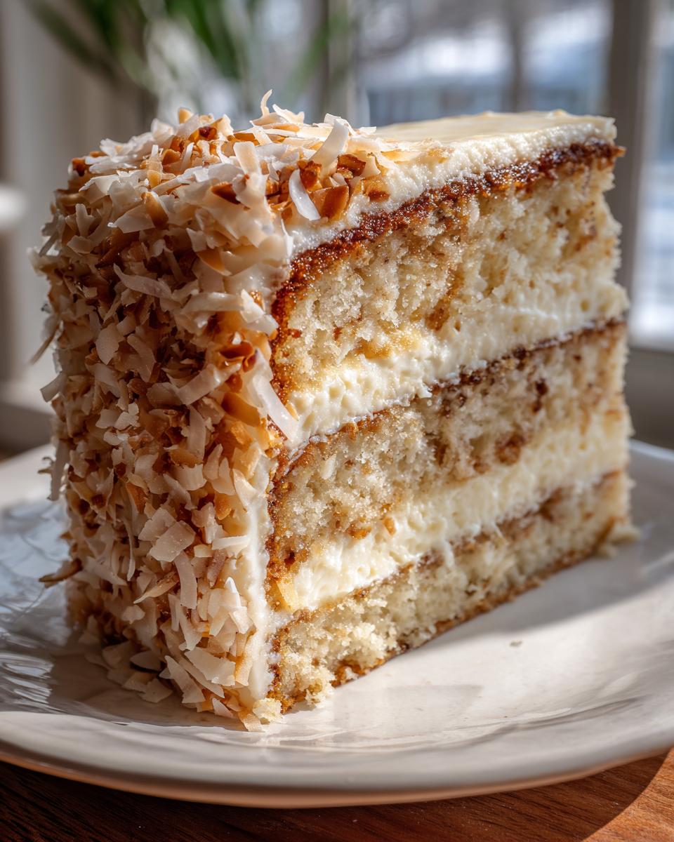 A tall slice of white German chocolate cake layered with cream filling and covered in toasted coconut flakes.