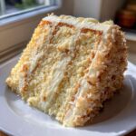 Close-up of a moist slice of white German chocolate cake layered with cream frosting and toasted coconut flakes.