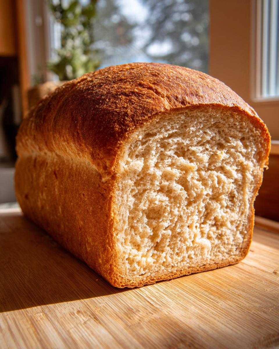 A close-up of a perfectly baked loaf of whole wheat bread, showing its soft interior crumb and golden-brown crust.