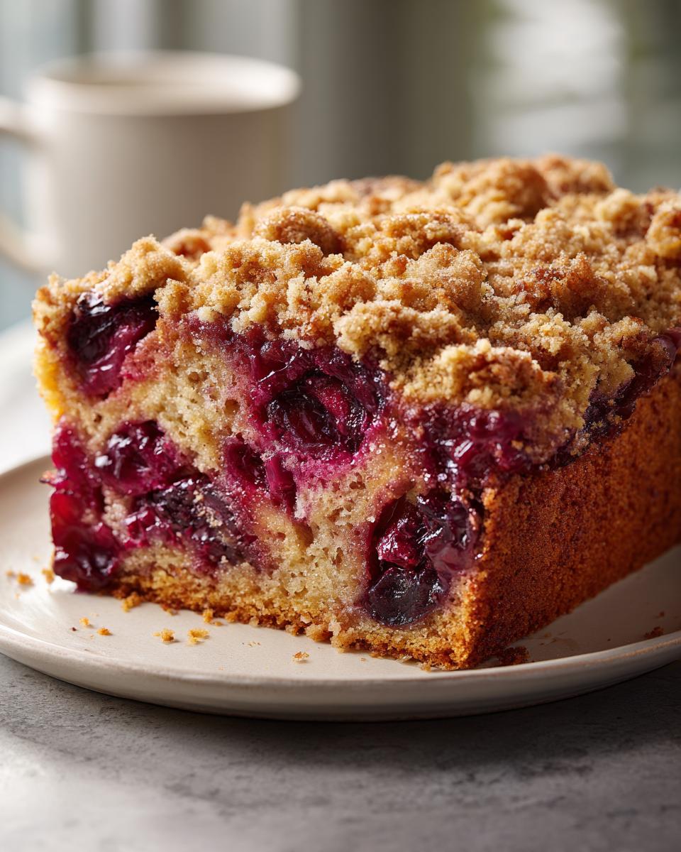 A close-up of a moist slice of plum cake featuring rich purple fruit and a golden streusel topping.