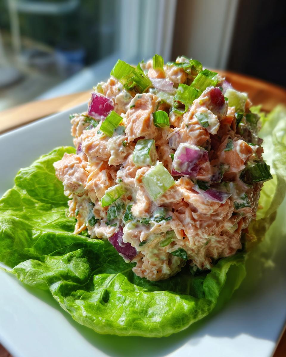 A scoop of creamy salmon salad mixed with red onion and celery, served atop a crisp lettuce cup.