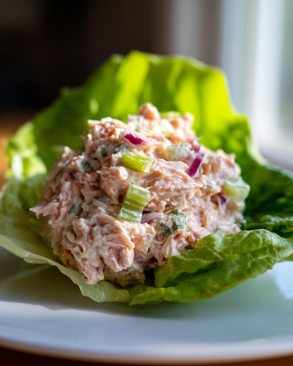 Close-up of creamy salmon salad mixed with celery and red onion served in a crisp lettuce cup.