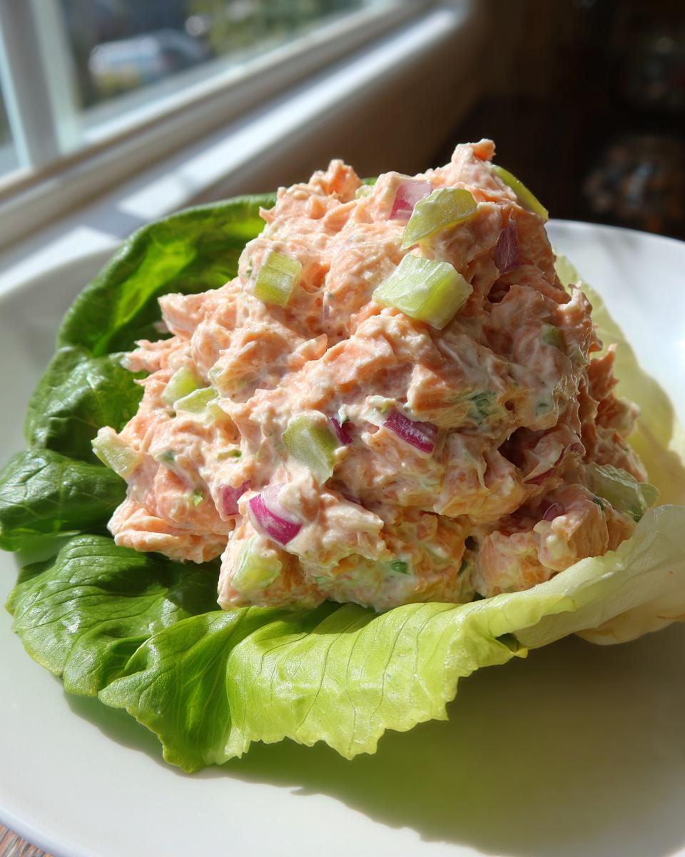 A mound of creamy salmon salad mixed with celery and red onion served in a crisp lettuce cup.