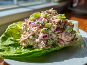 A scoop of creamy salmon salad mixed with celery and red onion served in a crisp lettuce cup.