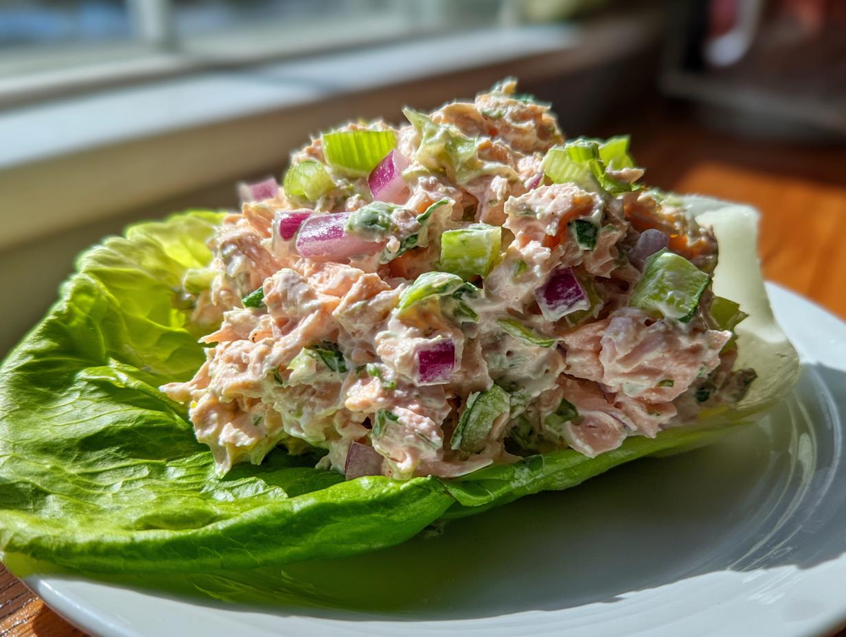 A scoop of creamy salmon salad mixed with celery and red onion served in a crisp lettuce cup.