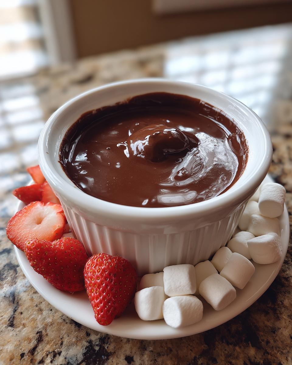 A small white bowl filled with rich, melted chocolate fondue, served with fresh strawberries and marshmallows.