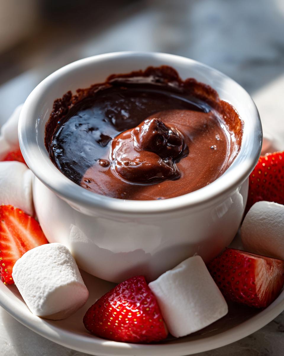 A white bowl filled with smooth chocolate fondue, surrounded by fresh strawberries and marshmallows for dipping.