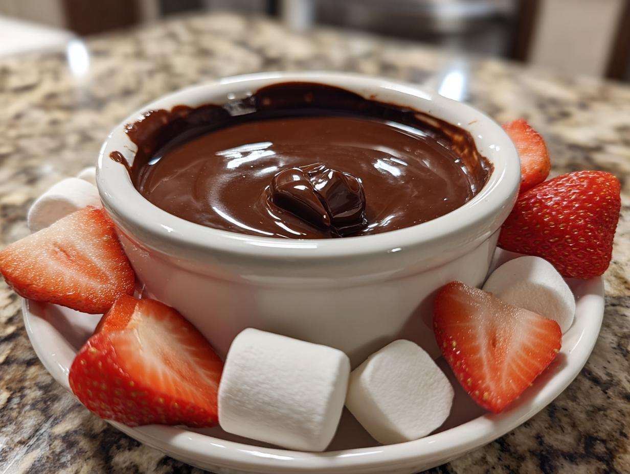 A small white bowl filled with smooth, melted chocolate for chocolate fondue, surrounded by fresh strawberry slices and marshmallows.