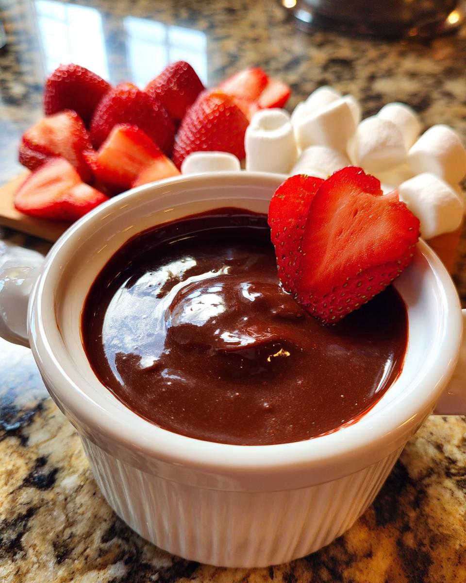 Close-up of rich chocolate fondue in a white ramekin, garnished with a heart-cut strawberry, with marshmallows and more strawberries in the background.