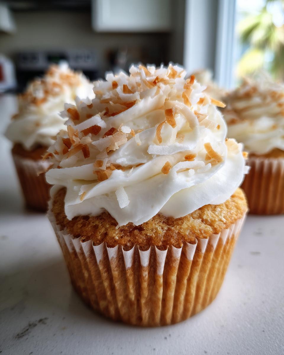 A close-up of a single, beautifully frosted coconut cupcake topped with toasted coconut flakes.