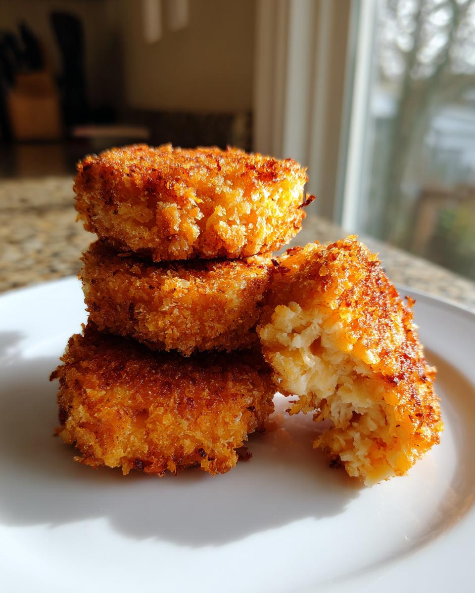 A stack of three golden brown, crispy potato croquettes on a white plate, with one broken open showing the fluffy interior.