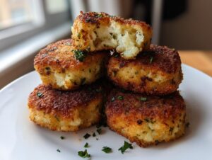 A stack of five golden brown, pan-fried potato croquettes, one broken open to show the fluffy interior.