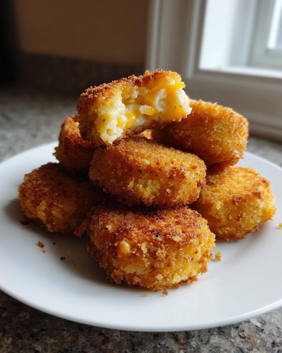 A stack of crispy, golden brown potato croquettes with one broken open showing melted cheese inside.