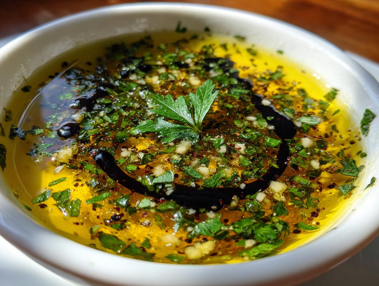 Close-up of a white bowl filled with vibrant olive oil bread dip, seasoned with herbs, garlic, and balsamic reduction.
