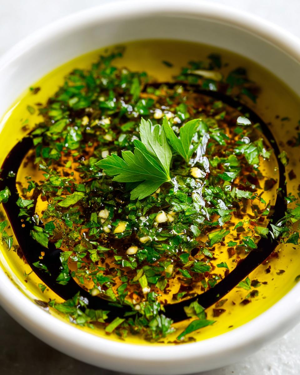 Close-up of a white bowl containing vibrant olive oil bread dip, topped with chopped parsley, garlic, and a swirl of balsamic vinegar.