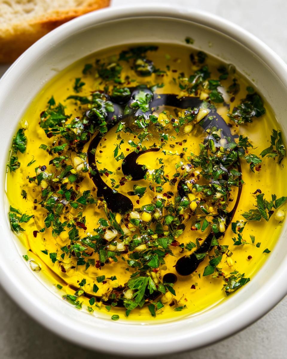 A close-up of a white bowl filled with bright yellow olive oil bread dip, topped with fresh parsley, garlic, and balsamic vinegar swirls.