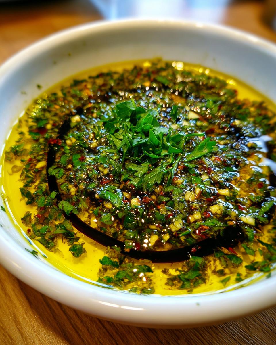 Close-up of a white bowl filled with vibrant olive oil bread dip, featuring chopped herbs, garlic, and a swirl of balsamic vinegar.