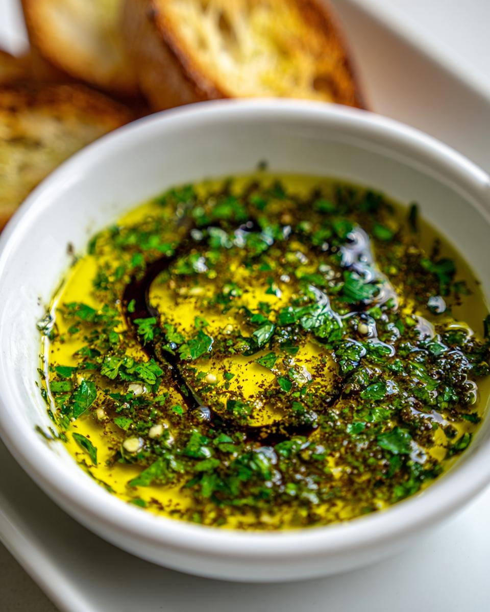 Close-up of a white bowl filled with olive oil bread dip, seasoned with fresh parsley and balsamic vinegar.
