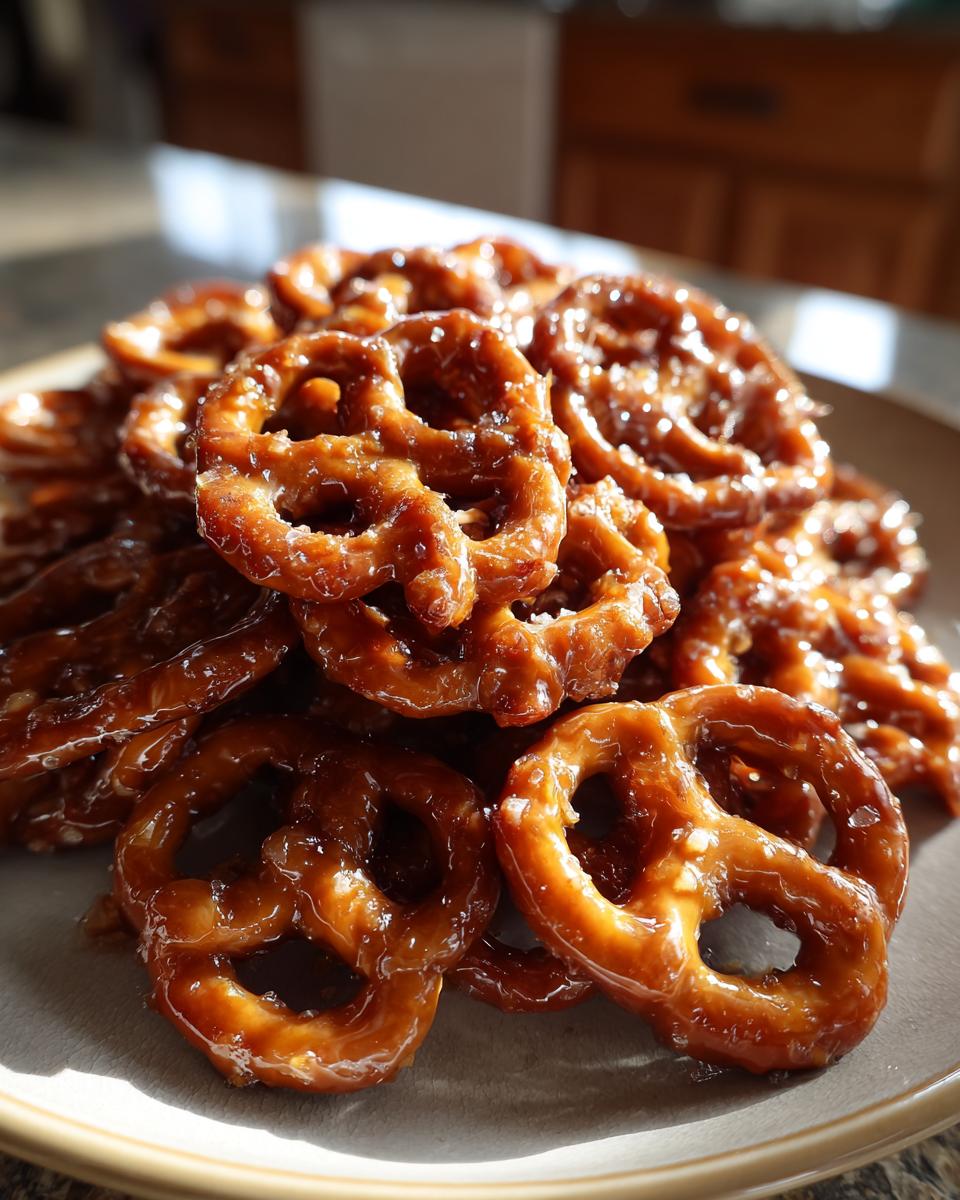 A close-up shot of a pile of shiny, glazed toffee pretzels catching the sunlight on a neutral plate.