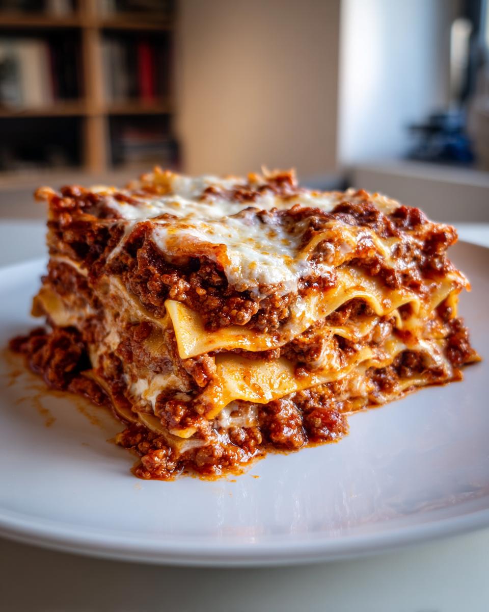 A tall, layered slice of rich meat lasagna topped with melted cheese, served on a white plate.