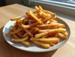 A generous serving of golden, crispy air fryer french fries sprinkled with coarse salt on a light plate.