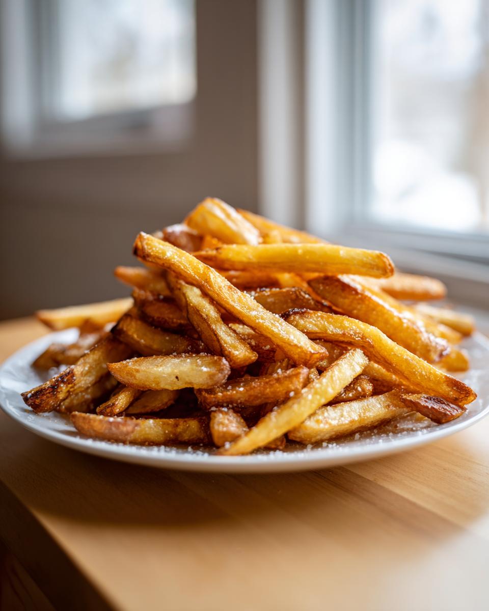 A tall pile of golden brown, crispy air fryer french fries seasoned with salt on a white plate.
