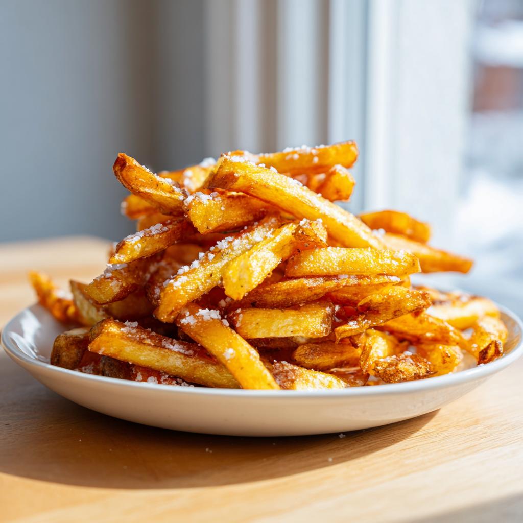 A tall pile of golden, crispy air fryer french fries sprinkled generously with coarse salt, served on a white plate.