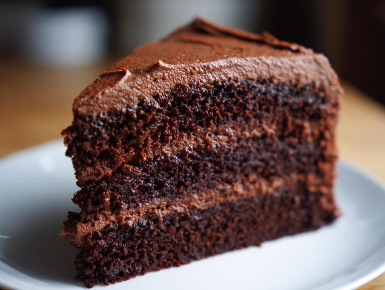 Close-up of a moist, dark slice of chocolate cake layered with rich chocolate frosting.