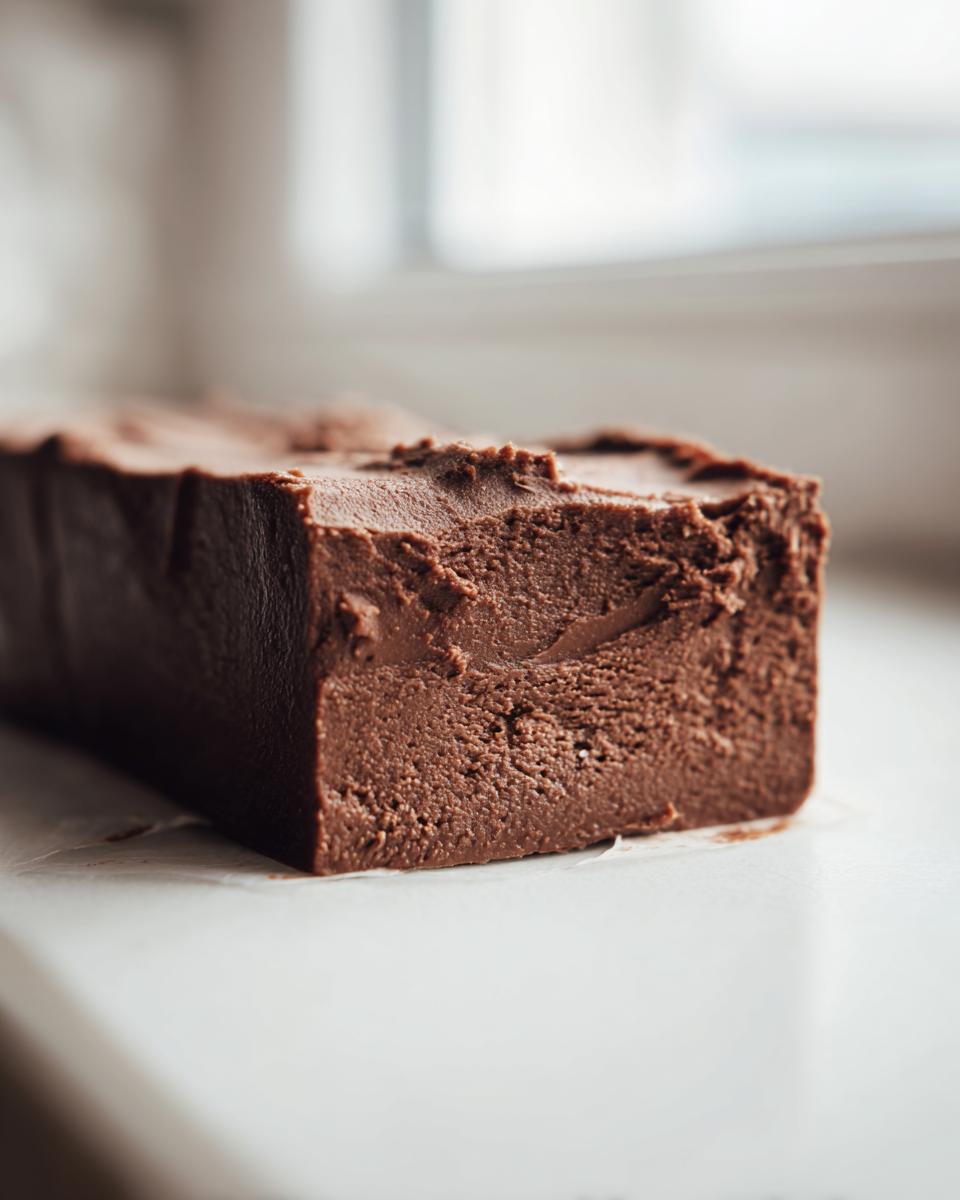 A close-up of a thick, rich block of homemade chocolate fudge resting on a white surface.