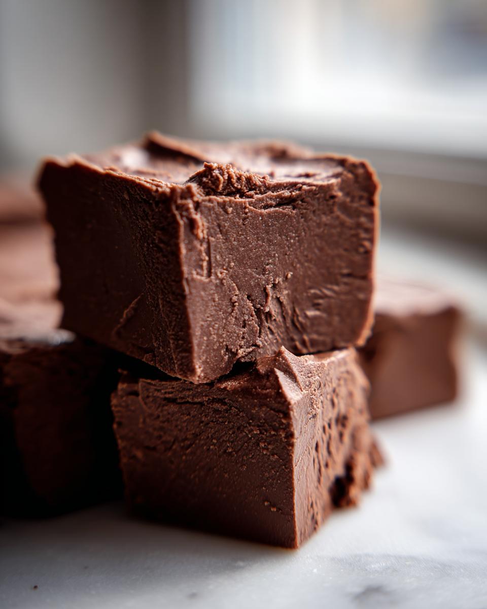 Close-up of two stacked, rich, dark chocolate fudge squares with a soft, velvety texture.