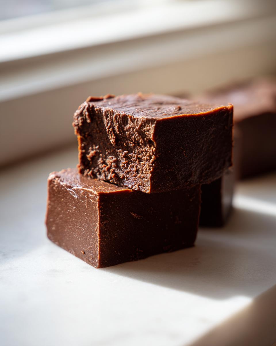 Two rich, dark chocolate fudge squares stacked on a white marble surface, showing a slightly crumbly texture on top.
