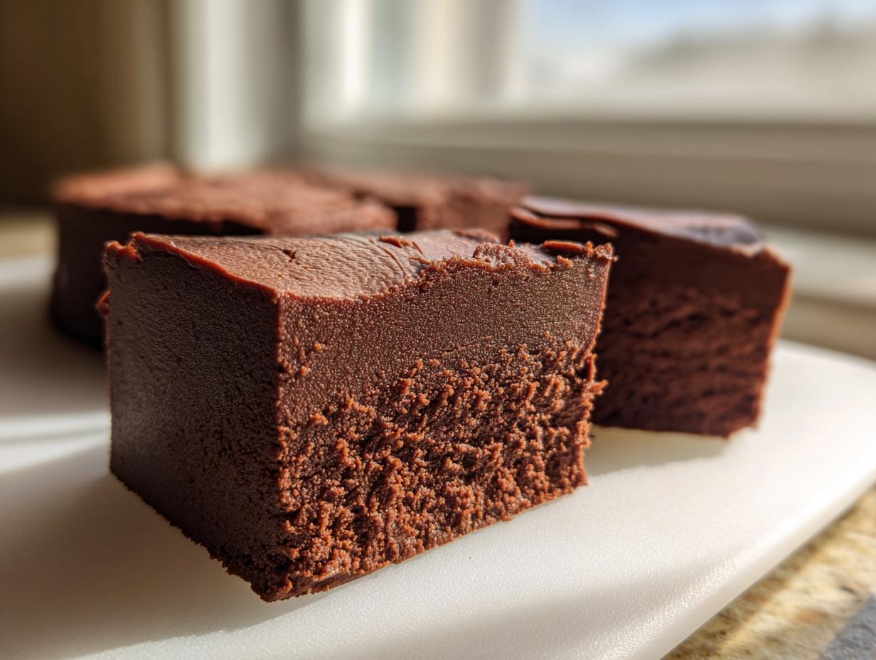 Close-up of thick, dark chocolate squares of homemade fudge resting on a white surface.